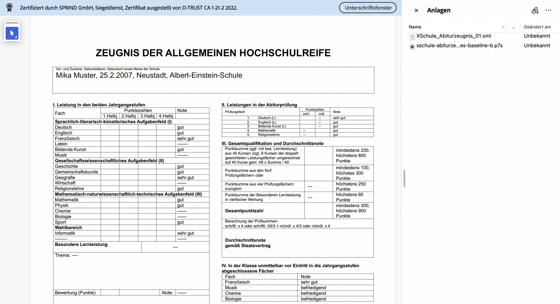 Screenshot eines fiktiven digitalen Zeugnisses, angezeigt im Acrobat Reader