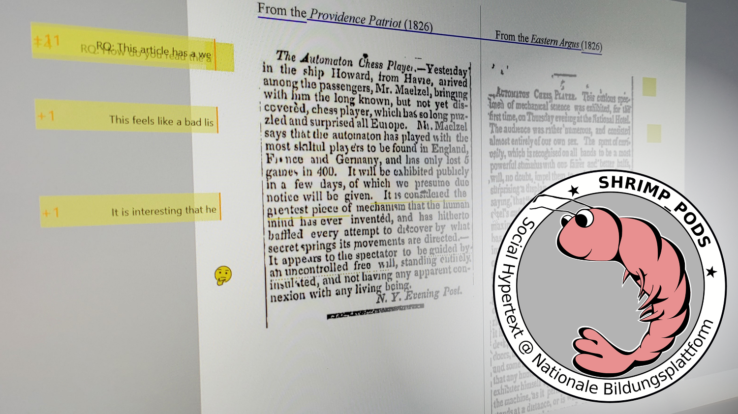 Das Bild zeigt einen gedruckten zweispaltigen Text mit gelben Markierungen. Im rechten Bereich befindet sich das Logo von SHRIMP_PODS
