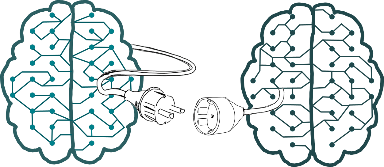 Diese Illustration zeigt zwei Gehirne, die auf symbolische Weise die Fusion von Mensch und Technologie repräsentieren.